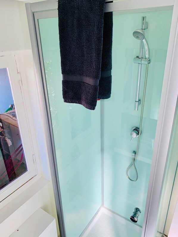 Un espace douche clos par des parois de verre, équipé d’un pommeau de douche à main et d’un robinet à main.