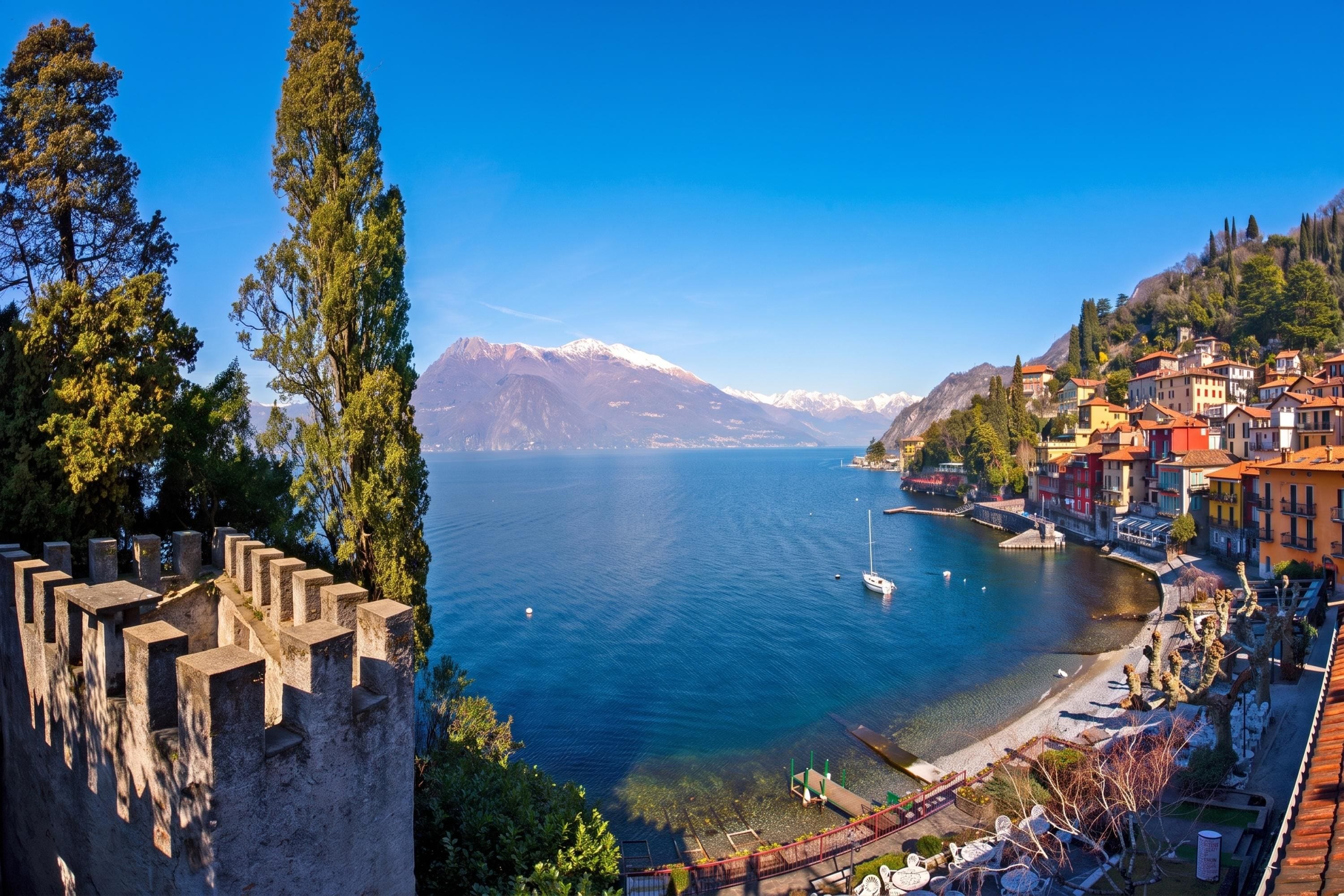 A coastal town with a historic tower, clear blue lake, and colorful buildings.