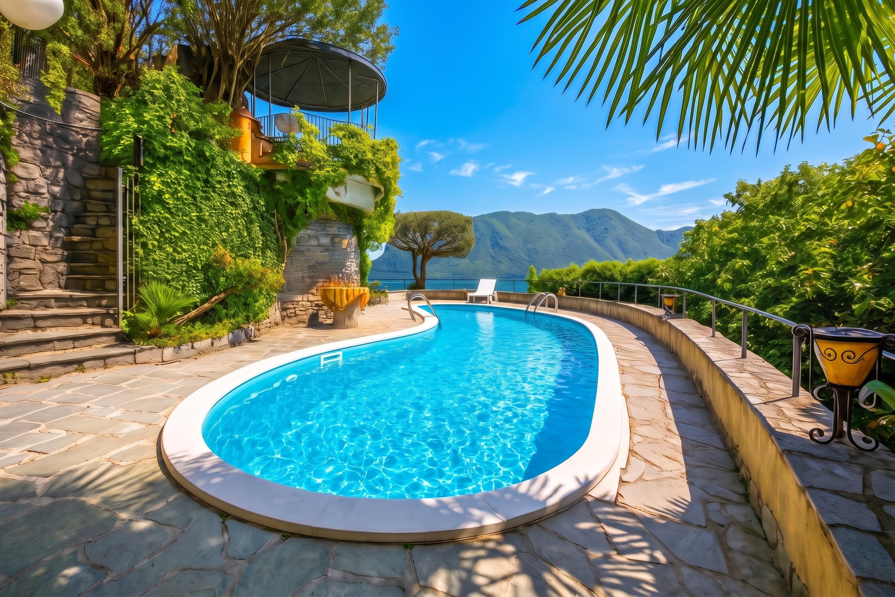 A swimming pool with a stone deck, surrounded by lush greenery and a view of mountains.