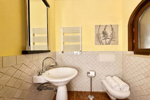 A bathroom with a sink, mirror, towel rack, and a wall-mounted radiator. - Villa Isola Verde (Valsolda)