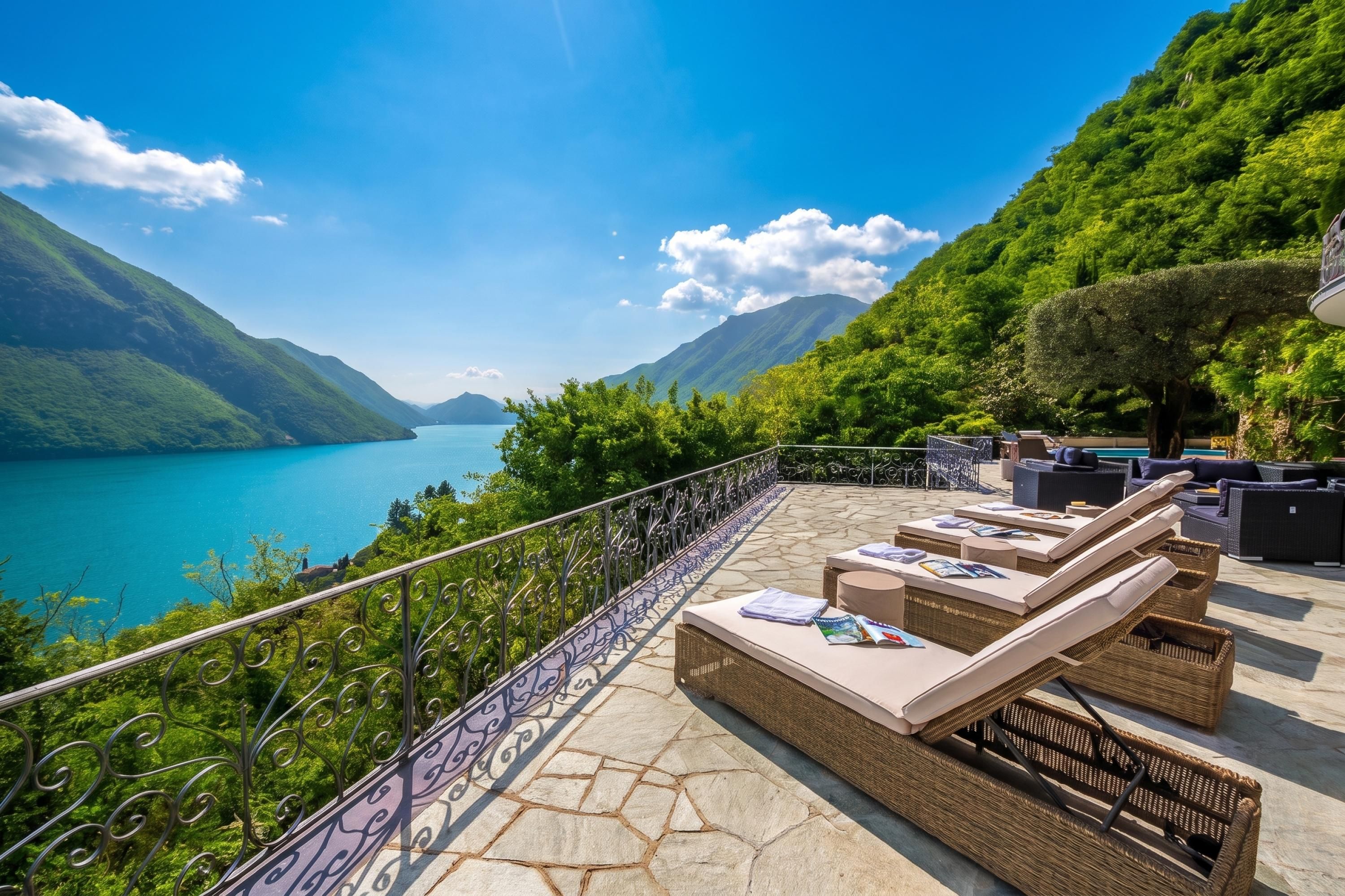 Une terrasse avec des sièges extérieurs et une vue sur un lac et des montagnes.