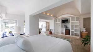 Une chambre spacieuse avec un grand lit, une télévision et une bibliothèque intégrée.