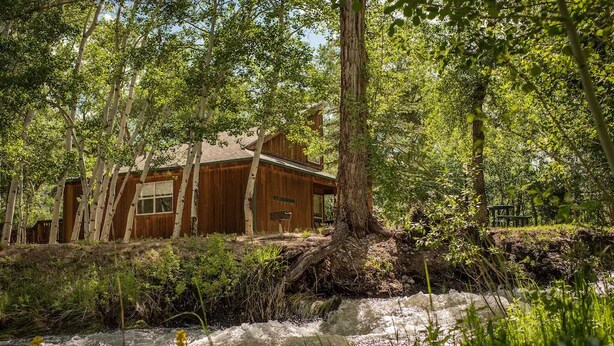 A wooden cabin with a large window, surrounded by dense forest and a flowing stream. - Mt. Shavano Chalet at Creekside chalets (Salida)