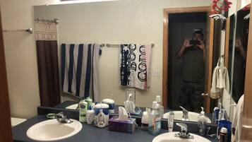 Hair dryer, towels, soap, shampoo