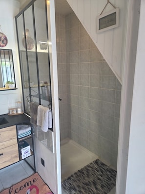 Shower, hair dryer, towels, soap