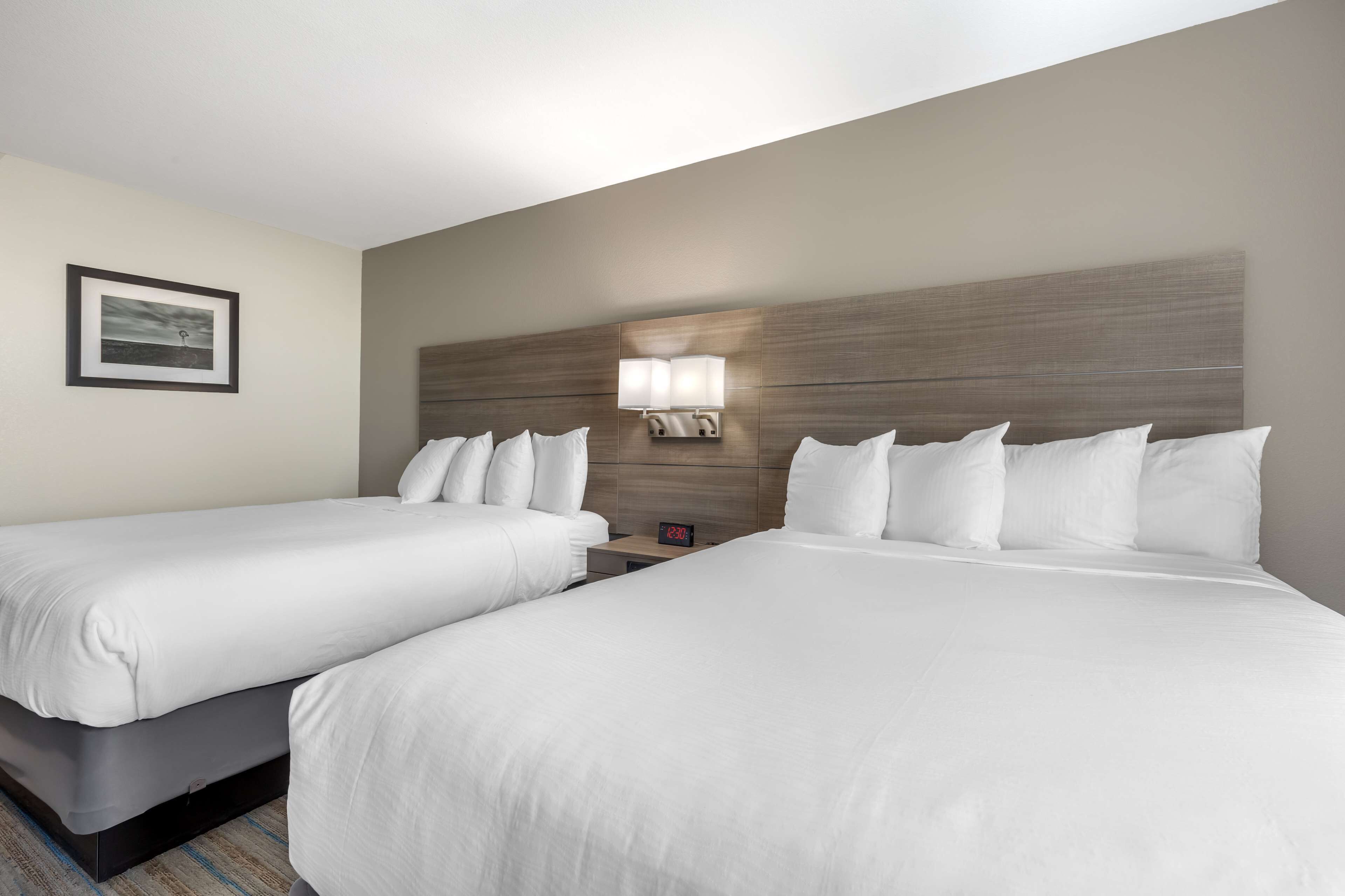 Une chambre d’hôtel avec deux lits, une table de chevet, une lampe fixée au mur et un tableau encadré accroché au mur.
