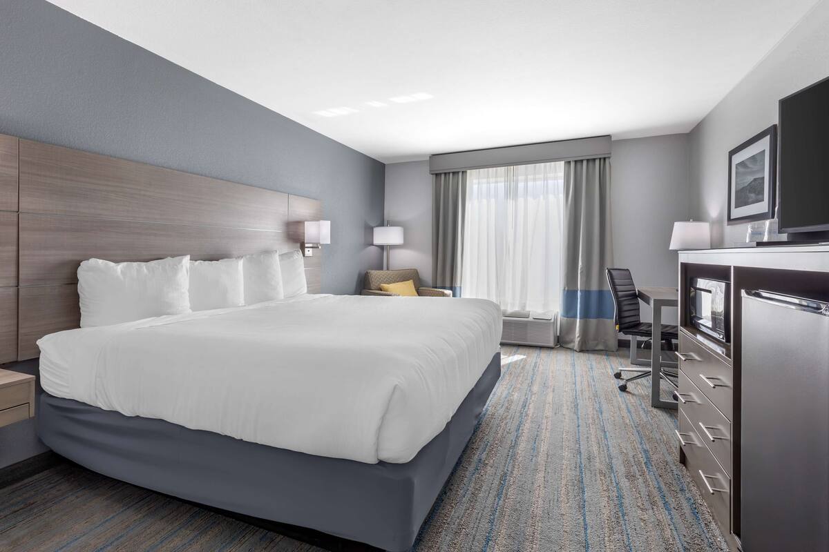 A hotel room with a large bed, a desk with a chair, a television, and a minibar.