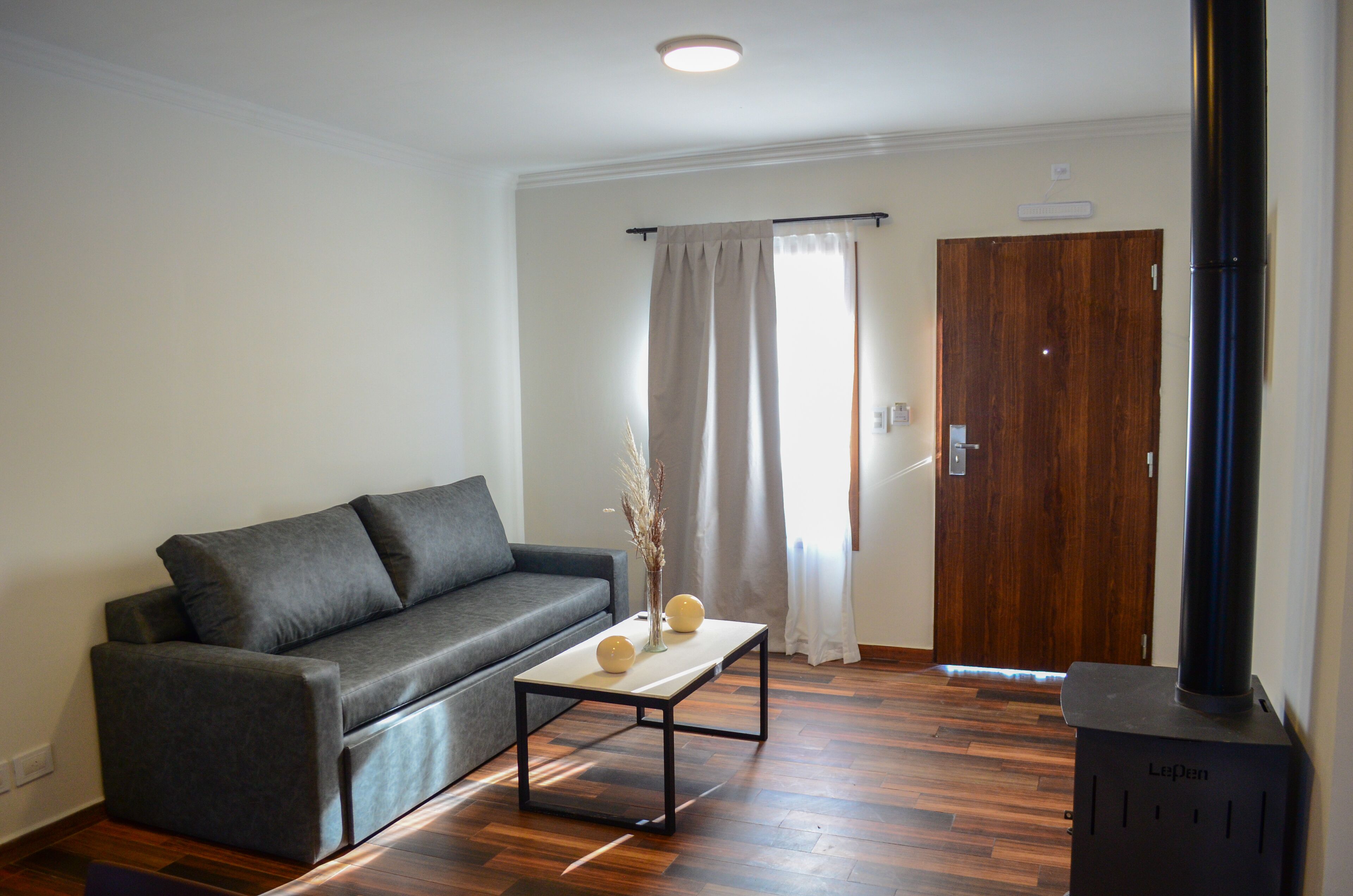 A living room with a grey sofa, a small table with decorative items, a wooden door, and a black heater.