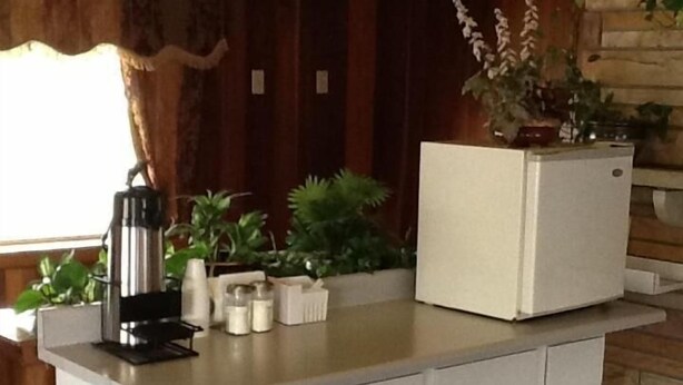 A kitchenette with a white countertop, a coffee maker, a white refrigerator, and potted plants. - Caronoda Motel (Central City)