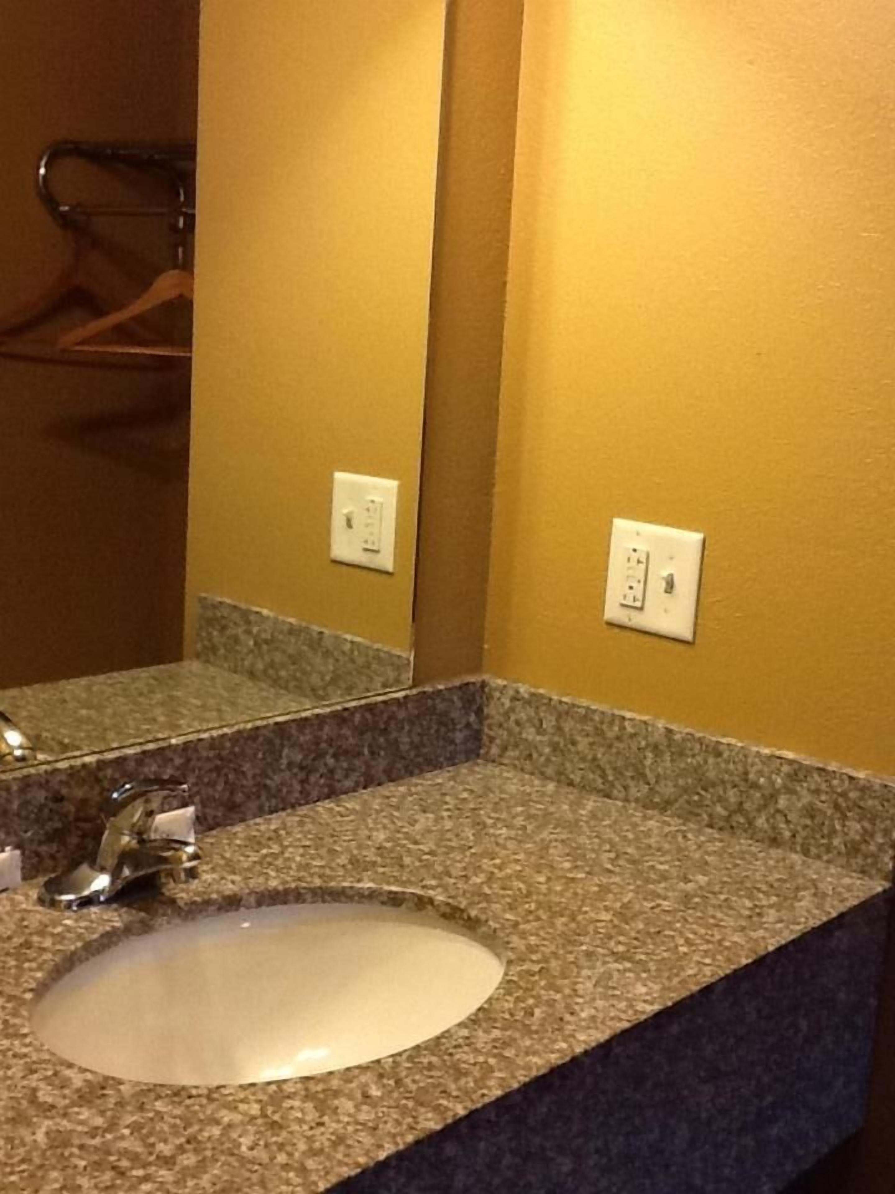 Un bagno con lavabo in granito, uno specchio e un portasciugamani.