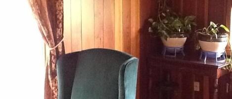 A room with a blue armchair, wooden walls, a red patterned carpet, and two potted plants on a wooden table.