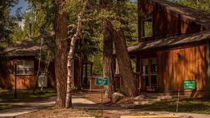 Eine rustikale Holzhütte mit Veranda und einem Schild, das anzeigt, dass es sich um die Mt. Yale Cabin handelt.