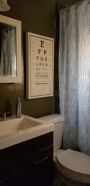 A bathroom with a white sink, a mirror, a toilet, and a patterned shower curtain.