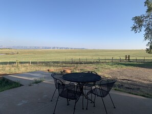 Une terrasse extérieure avec une table ronde et des chaises, un chemin en béton et une vue sur un champ verdoyant, délimité par une clôture, avec des montagnes qui se dessinent à l’horizon.