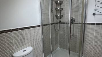 Combined shower/bathtub, hair dryer, towels