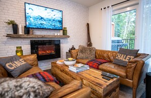 TV, fireplace, books, computer monitors