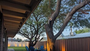 Une terrasse extérieure avec une plateforme en bois, un arbre et des chaises bleues.