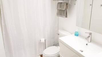 Combined shower/tub, hair dryer, towels, toilet paper