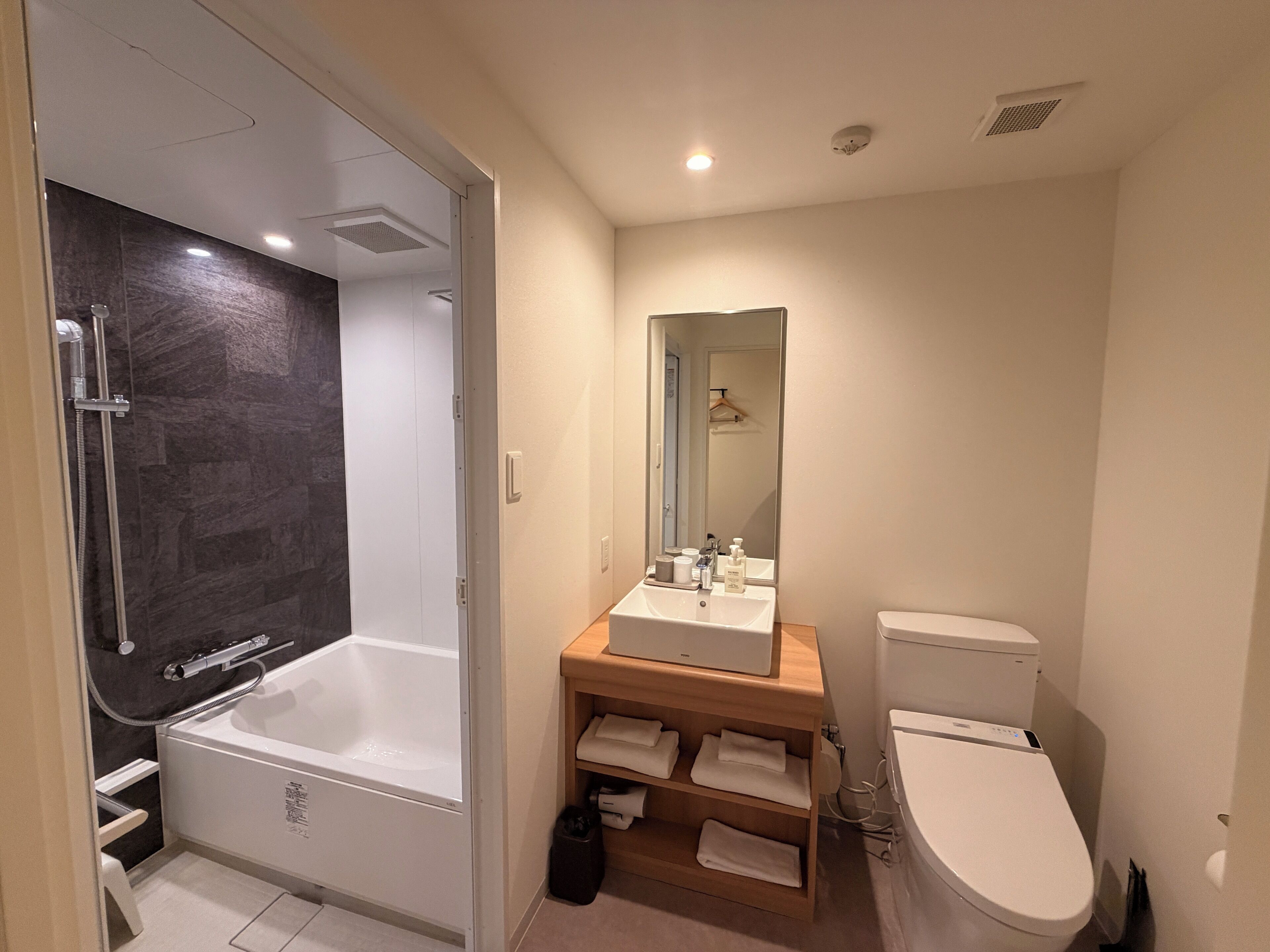 A modern bathroom with a bathtub, a toilet, and a vanity with a mirror.