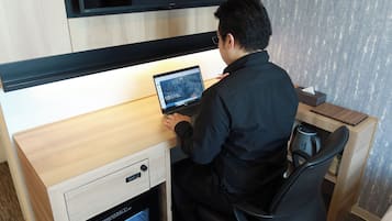 In-room safe, desk, laptop workspace, blackout curtains