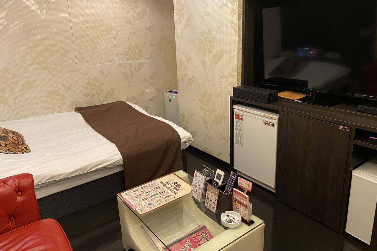 A hotel room with a bed, a television, a small refrigerator, and a minibar.