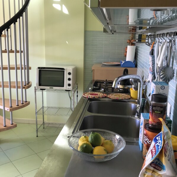 Kitchen area with microwave, stainless steel sink, gas stove, and spice rack.