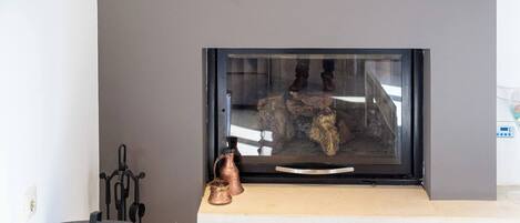 Un salón moderno con chimenea, una obra de arte colgada en la pared y un televisor.