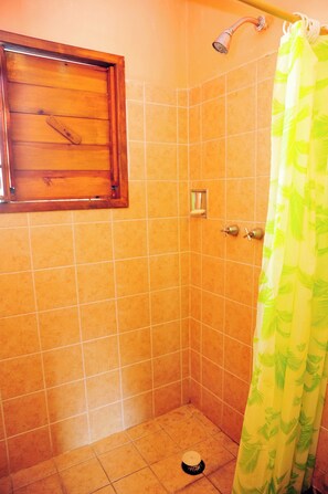 Une douche avec une porte en bois, un pommeau de douche, un porte-serviettes et un rideau.