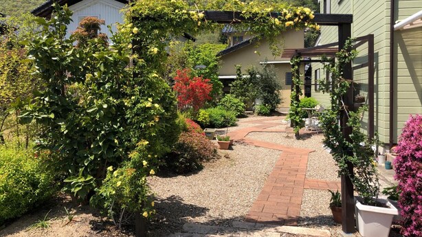 A garden pathway leading to a traditional-style house with a green exterior and a white building in the background.