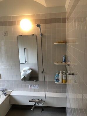 Douche, douche à « effet pluie », sèche-cheveux, chaussons