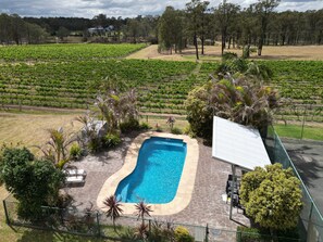 A swimming pool surrounded by a fence, with a vineyard in the background. - Ironbark Hill TJD Retreat (Pokolbin)