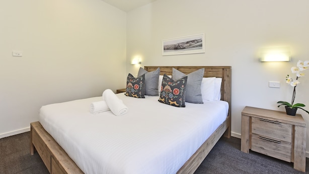 A neatly made bed with white linens, a headboard, and decorative pillows. There is a framed picture on the wall above the bed and a small bedside table with a potted plant. - Ironbark Hill Spa Bath Villa 1- Tyrian (Pokolbin)