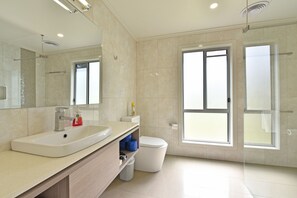 A modern bathroom with a large sink, mirror, and two windows.