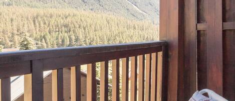 A wooden balcony with a view of a forested mountain.