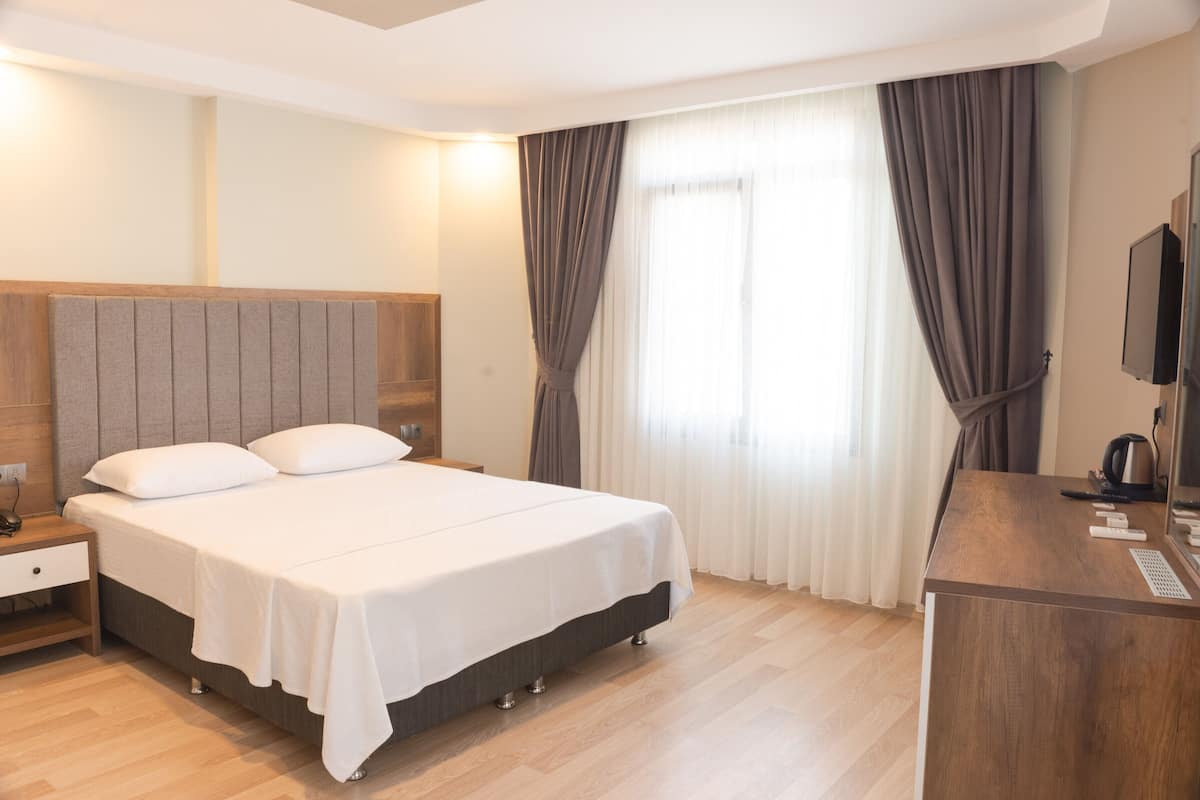 A modern hotel room with a wooden headboard bed, a wooden desk with a flat-screen TV, and a large window with curtains.