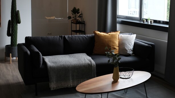 A modern living room with a dark sofa, a wooden coffee table, and a potted plant. - aparthotel glück auf Düppelstrasse (Oberhausen)