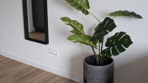 A room with a large mirror, a potted plant, and a wooden floor. - aparthotel glück auf Düppelstrasse (Oberhausen)