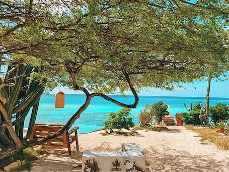 On the beach, sun-loungers, beach towels. Spectacular Beach Front View