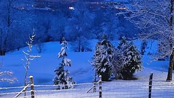 A snow-covered landscape with a fence and trees.