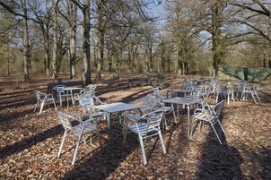 An outdoor seating area with metal tables and chairs, surrounded by trees.