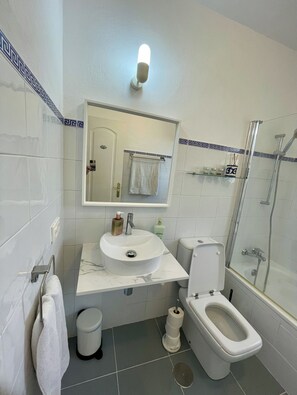 Hair dryer, towels, soap, toilet paper