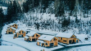 A row of wooden cabins with balconies, surrounded by snow-covered trees and a winding road. - Woody 21 - the Tiger Woody (St. Georgen am Kreischberg)