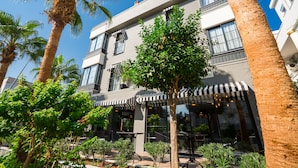 A building with a modern architectural style, featuring a flat roof and large windows. There are outdoor seating areas with umbrellas and tables, surrounded by palm trees and other greenery.