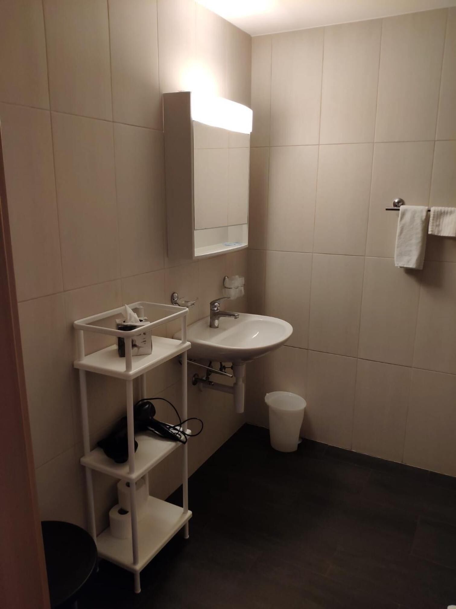 A modern bathroom with a white sink, mirror, and storage shelves.
