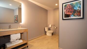 A modern bathroom with a vanity, sink, and toilet.