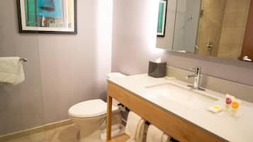 Une salle de bain moderne avec un lavabo blanc, un meuble-lavabo en bois et un grand miroir.