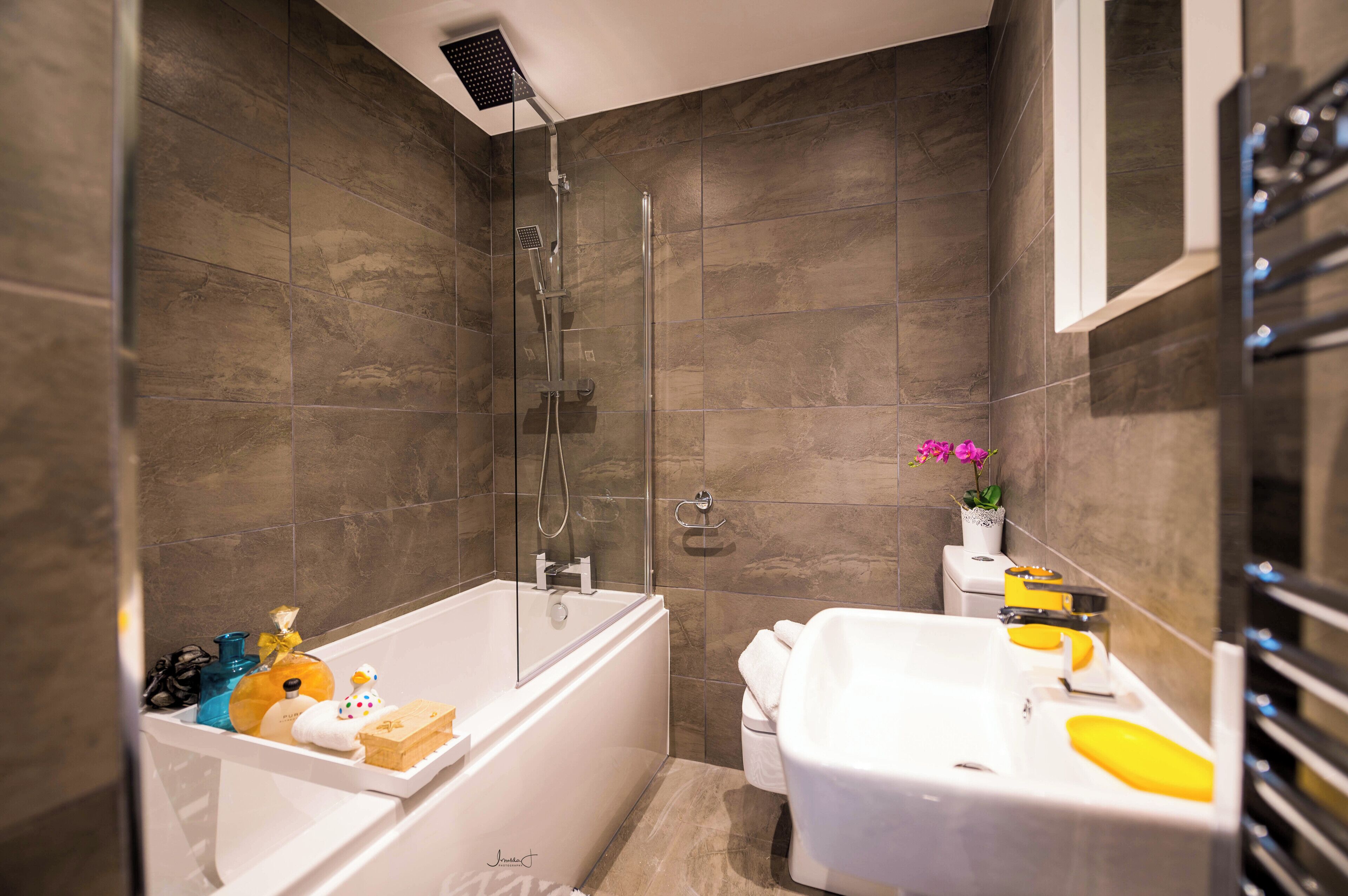Combined shower/bathtub, hair dryer
