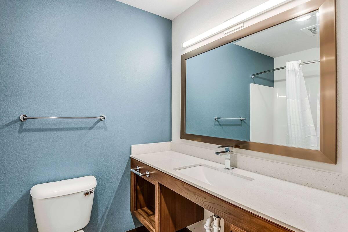 A bathroom with a white toilet, a sink, and a mirror.
