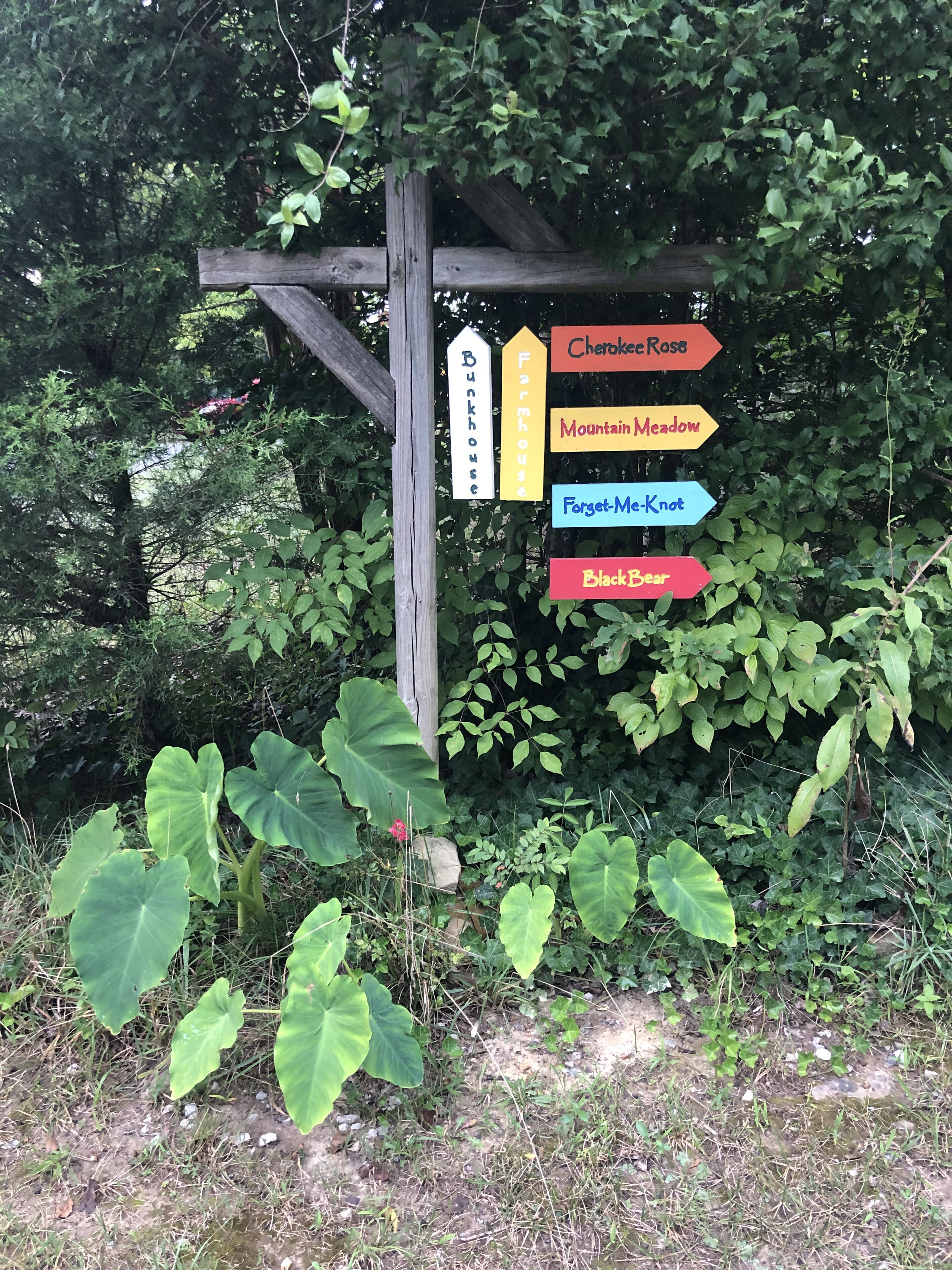 A directional signpost with arrows pointing to various destinations such as 'Cherokee Rose', 'Mountain Meadow', 'Forget-Me-Knot', and 'Black Bear'.