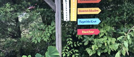 A directional signpost with arrows pointing to various destinations such as 'Cherokee Rose', 'Mountain Meadow', 'Forget-Me-Knot', and 'Black Bear'.
